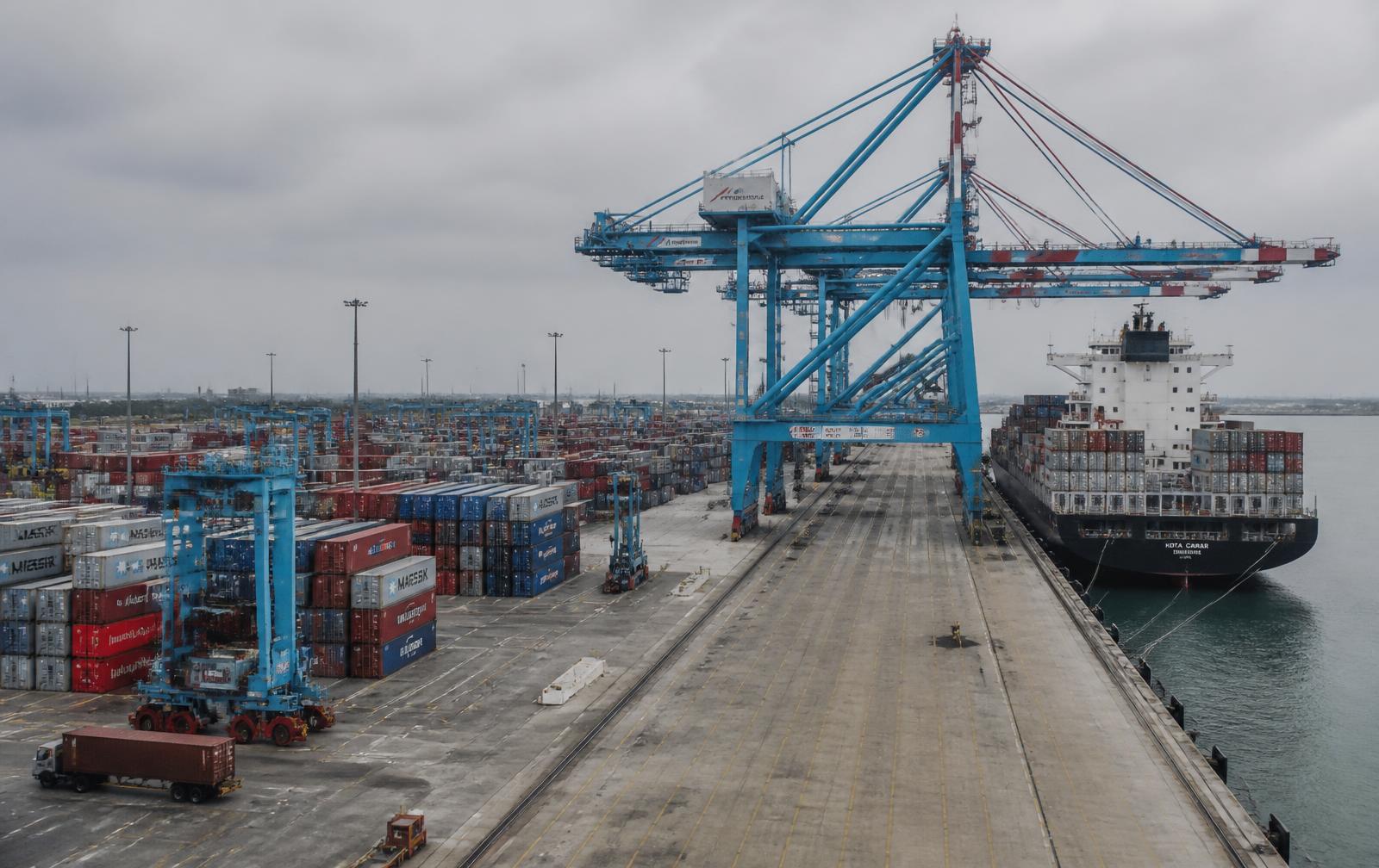 Container terminal with gantry cranes and stacked freight containers
